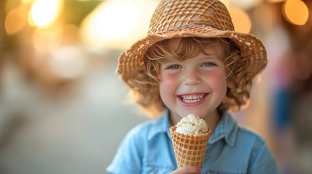 A Joyful Youngster Savors a Waffle Cone on a Summer Stroll.の素材