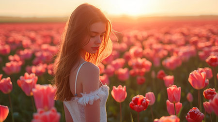 A beautiful girl walks through a field with blooming tulips.の素材
