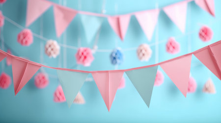 Triangular pink and blue paper garlands on a pastel background.の素材