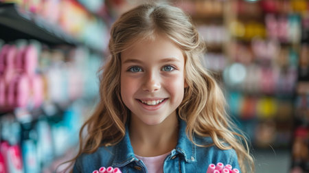 Happy young girl in a store holding pink rollers in her hands and smiling while looking at the camera.の素材