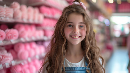 Happy young girl in a store holding pink rollers in her hands and smiling while looking at the camera.の素材