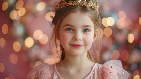 A beautiful 10-year-old girl in a pink dress and a gold crown on her head looks at the camera, smiling.の素材