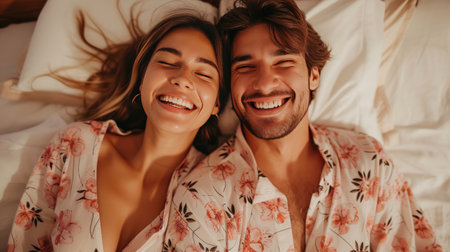 A happy couple in matching pajamas laughs while lying in bed.の素材