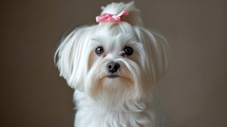 A beautifully groomed white Maltese dog with a pink bow on her head looks at the camera.の素材