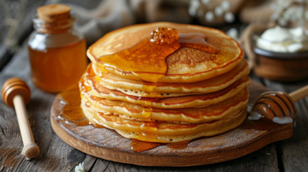 a stack of fresh thick pancakes in the kitchen next to a jar of honey and sour cream.の素材