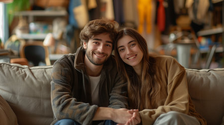 a young couple buys a used sofa in a used goods store..の素材