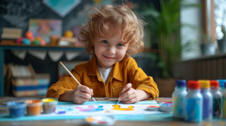 a young artist paints a picture with a cute Easter bunny using watercolor paints.の素材