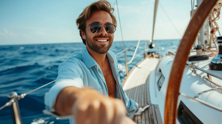 A young handsome man sails on a luxury yacht in the ocean.の素材