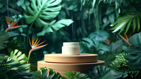 A white jar of cosmetic product stands on a wooden podium in the middle of a tropical forest.の素材