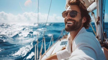 A young handsome man sails on a luxury yacht in the ocean.の素材