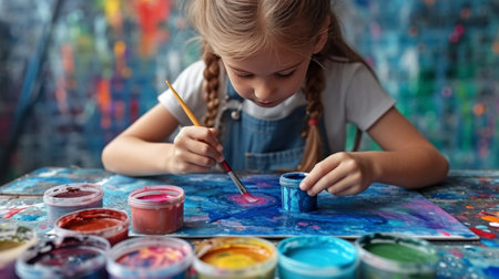 a young artist paints a picture with a cute Easter bunny using watercolor paints.の素材
