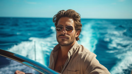 A young handsome man sails on a luxury yacht in the ocean.の素材