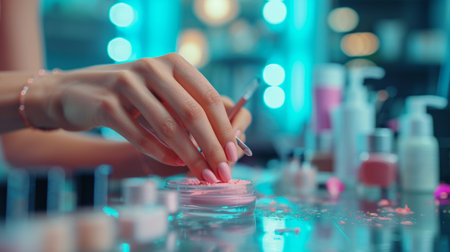 A young woman doing a manicure in a beauty salon.の素材
