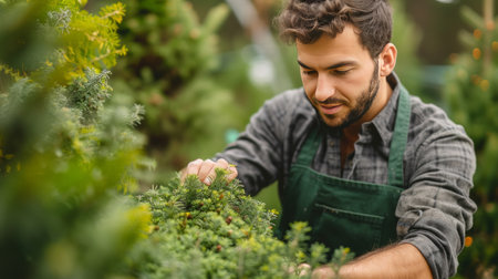 A young handsome gardener in a dark green apron trims a thuja into a round shape.の素材