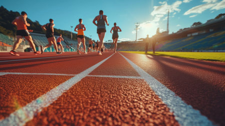 Athletes runners run up to the finish line at the stadium.の素材