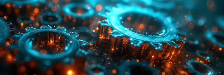Abstract technological background of translucent gears in dark colors.の素材