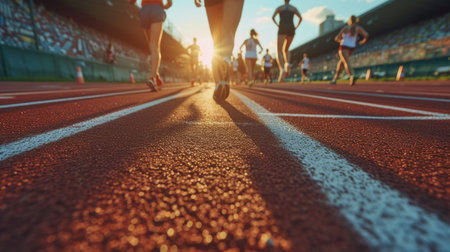 Athletes runners run up to the finish line at the stadium.の素材