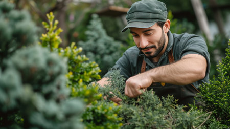 A young handsome gardener in a dark green apron trims a thuja into a round shape.の素材
