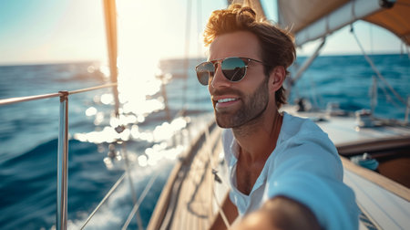 A young handsome man sails on a luxury yacht in the ocean.の素材