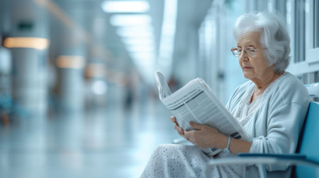 An elderly woman reads a book while sitting in a wheelchair on the veranda of an American house.の素材