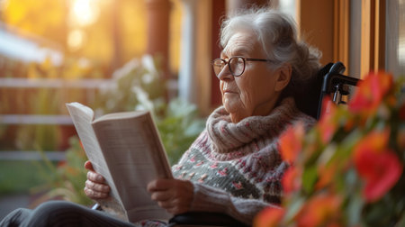 An elderly woman reads a book while sitting in a wheelchair on the veranda of an American house.の素材