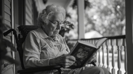 An elderly woman reads a book while sitting in a wheelchair on the veranda of an American house.の素材