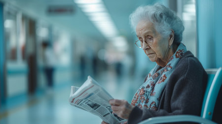 An elderly woman reads a book while sitting in a wheelchair on the veranda of an American house.の素材