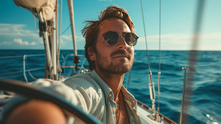 A young handsome man sails on a luxury yacht in the ocean.の素材