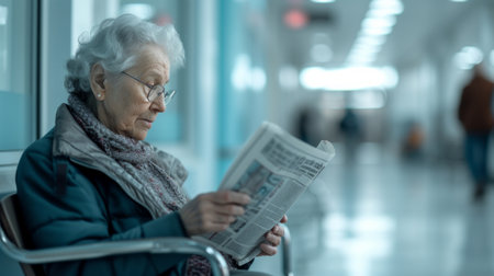 An elderly woman reads a book while sitting in a wheelchair on the veranda of an American house.の素材