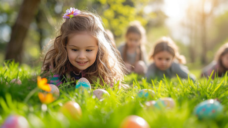 Cheerful children are looking for colorful Easter eggs in the bright green grass on a sunny day.の素材