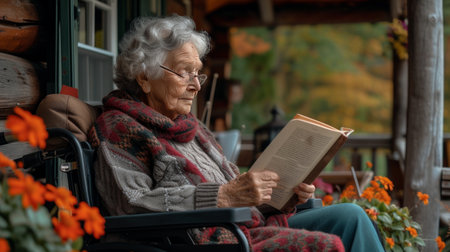 An elderly woman reads a book while sitting in a wheelchair on the veranda of an American house.の素材