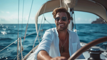A young handsome man sails on a luxury yacht in the ocean.の素材