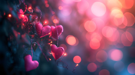 Beautiful blurred background with pink hearts and transparent bokeh lights.の素材