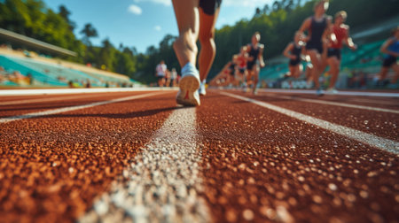 Athletes runners run up to the finish line at the stadium.の素材