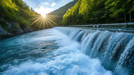 Beautiful background with a water hydro station on the river. Sunny summer day.の素材