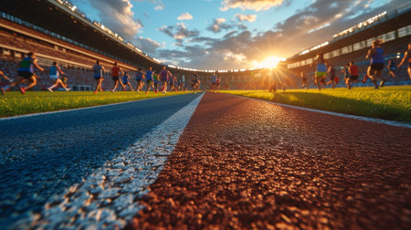 Athletes runners run up to the finish line at the stadium.の素材