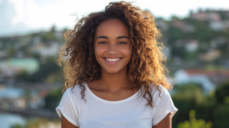 Beautiful curly girl in denim shorts and a white T-shirt smilingly looks at the camera against.の素材