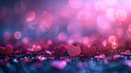 Beautiful blurred background with pink hearts and transparent bokeh lights.の素材