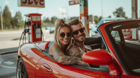 Beautiful couple with tattoos sitting in a red sports car at a gas station.の素材