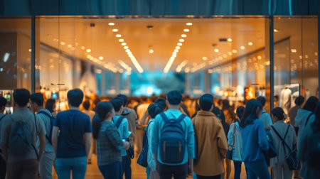 Blurred background of a crowd of people standing in line at a store.の素材