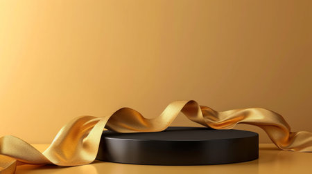 black podium on a gold minimalistic background. A golden satin ribbon lies nearby.の素材