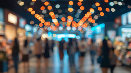 Blurred background of a crowd of people standing in line at a store.の素材