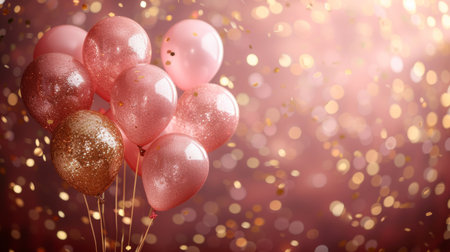 Festive background with glitter balloons, gold glitter confetti and plenty of space for text.の素材