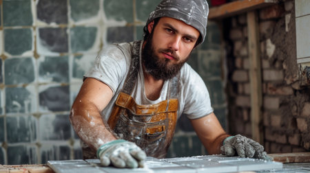 Male builders laying ceramic tiles in the bathroom.の素材