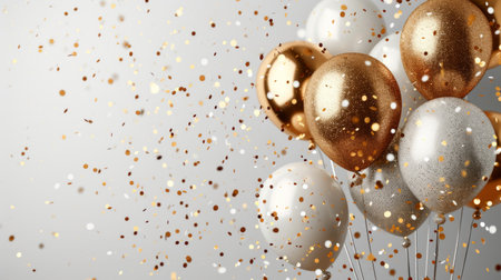 Festive background with glitter balloons, gold glitter confetti and plenty of space for text.の素材