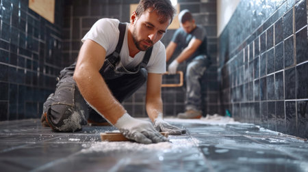 Male builders laying ceramic tiles in the bathroom.の素材