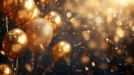 Festive background with glitter balloons, gold glitter confetti and plenty of space for text.の素材