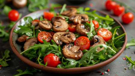 Salad of fried mushrooms, arugula and cherry tomatoes.の素材