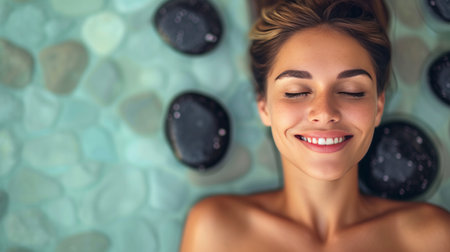 Young woman lying on spa treatment with black stones.の素材