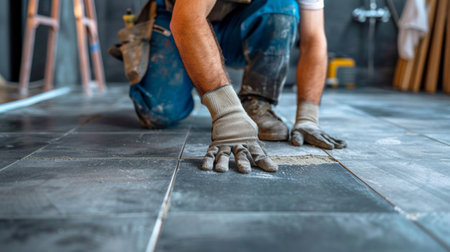 Male builders laying ceramic tiles in the bathroom.の素材